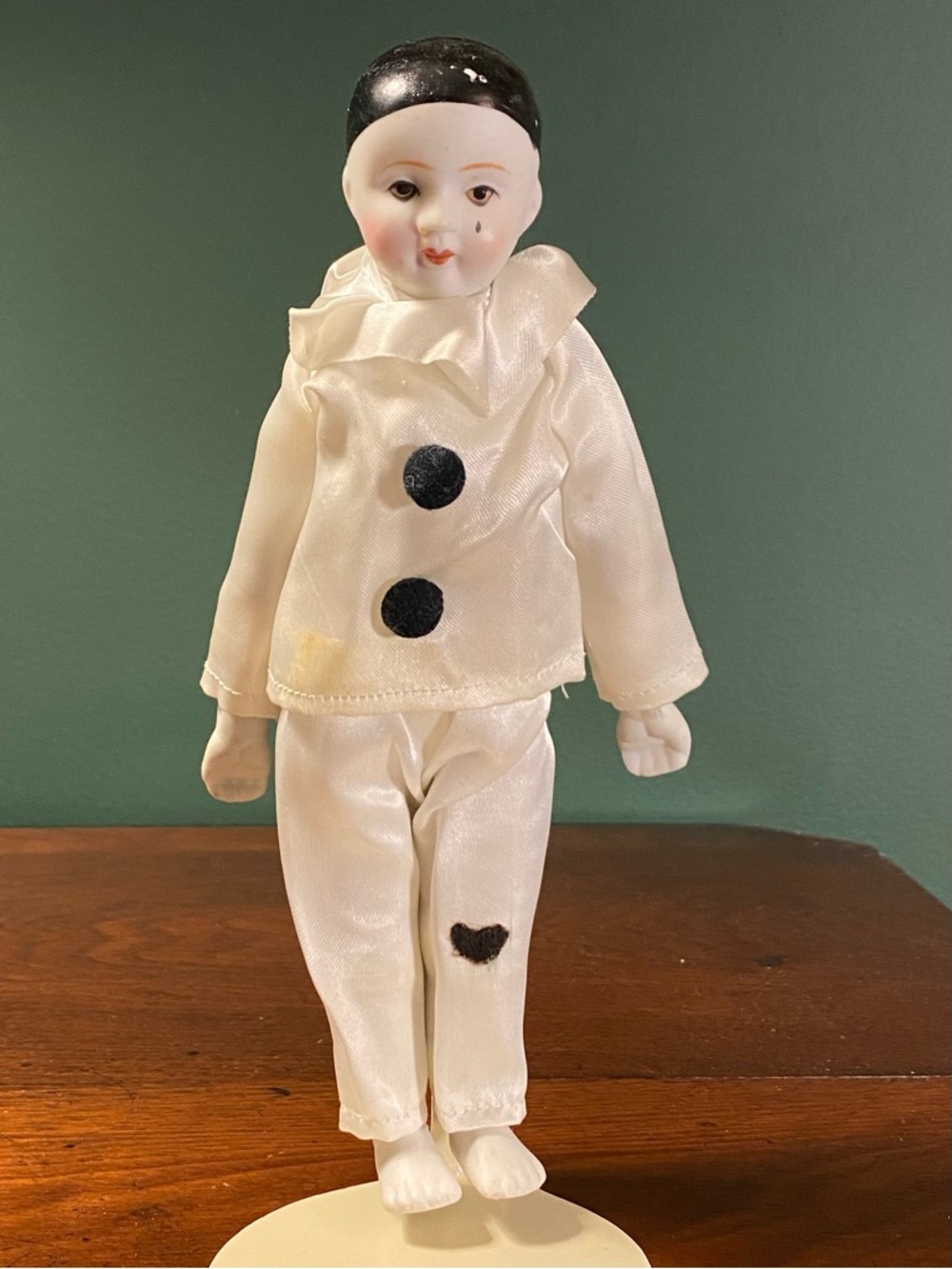 Vintage Pierrot porcelain head doll 7.5” sad clown